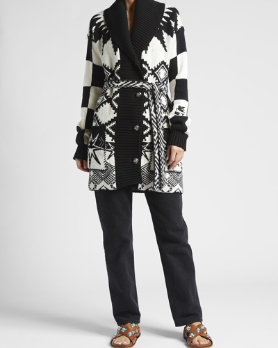 Shop Etro Intarsia-knit Belted Sweater Cardigan In Black