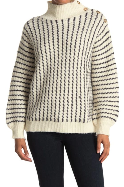 Shop Frnch Stripe Button Shoulder Mock Neck Sweater In Black/white