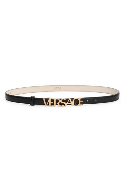 Shop Versace Logo Buckle Faux Leather Belt In Black- Gold