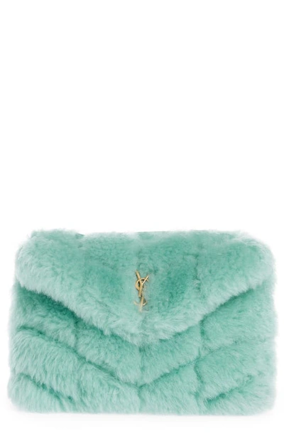 Shop Saint Laurent Small Lou Puffer Genuine Shearling Pouch In Iced Mint