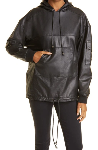 Shop Nicole Miller Leather Hooded Pullover In Black