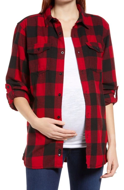 Shop Bun Maternity Mom Motto Maternity Flannel Shirt In Black And Red