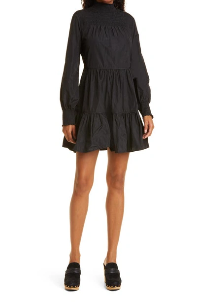 Shop Veronica Beard Vigore Smocked Ruffle Long Sleeve Minidress In Black
