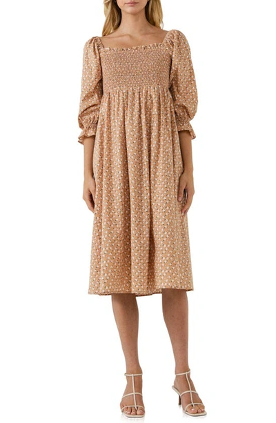 English Factory Floral Smocked Long Sleeve Midi Dress In Tan Multi