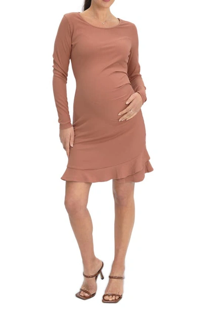 Shop Angel Maternity Frill Long Sleeve Maternity Dress In Dusty Rose