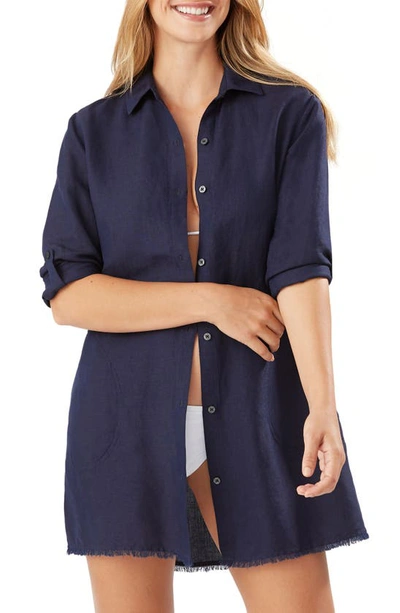 Shop Tommy Bahama Lucia Linen Blend Boyfriend Shirt In Mare Navy