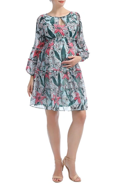 Shop Kimi And Kai Nia Floral Long Sleeve Maternity Babydoll Dress In Green Multi