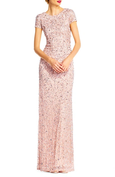 Adrianna Papell Short Sleeve Sequin Mesh Gown In Blush | ModeSens