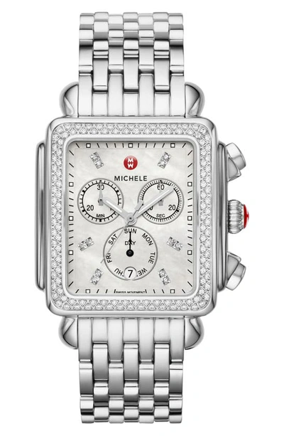 Shop Michele Deco Xl Chronograph Diamond Bracelet Watch, 36mm X 37.5mm In Silver/ White Mop/ Silver