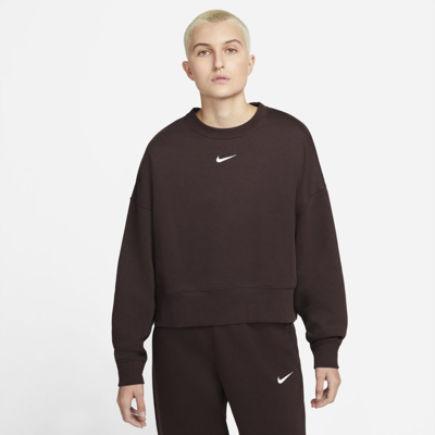 Shop Nike Sportswear Collection Essentials Women's Oversized Fleece Crew In Brown Basalt,white