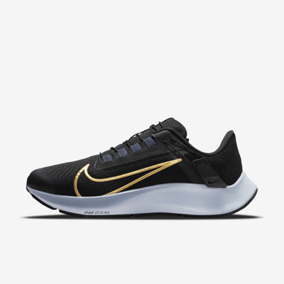 Shop Nike Air Zoom Pegasus 38 Flyease Women's Easy On/off Road Running Shoes In Black,thunder Blue,ashen Slate,metallic Gold Coin