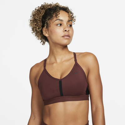 Shop Nike Women's Indy Light-support Padded V-neck Sports Bra In Brown