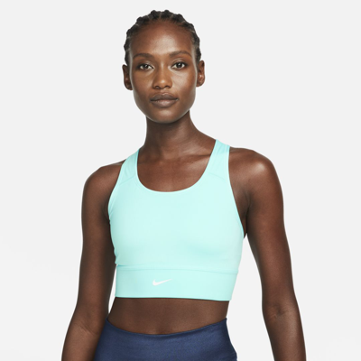 Shop Nike Dri-fit Swoosh Women's Medium-support 1-piece Padded Longline Sports Bra In Copa,white