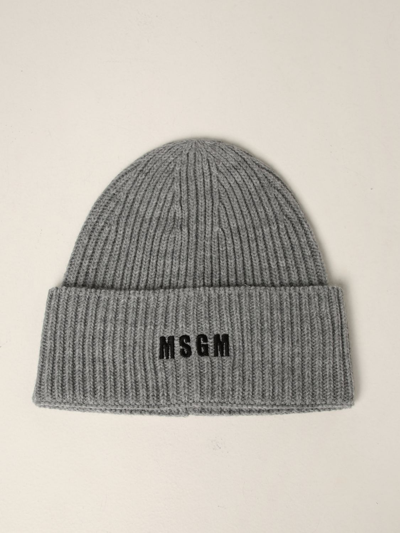 Shop Msgm Beanie Hat With Logo In Grey
