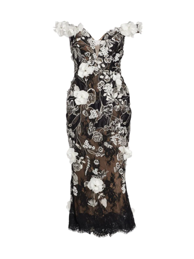 Shop Marchesa Women's Floral-embroidered & Embellished Couture Dress In Black White