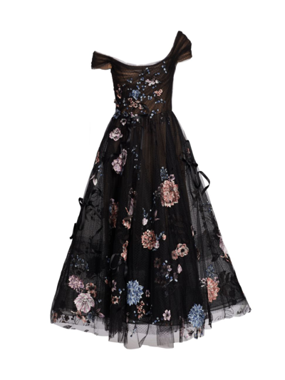Shop Marchesa Women's Tulle Flower-embellished Fit-&-flare Gown In Black