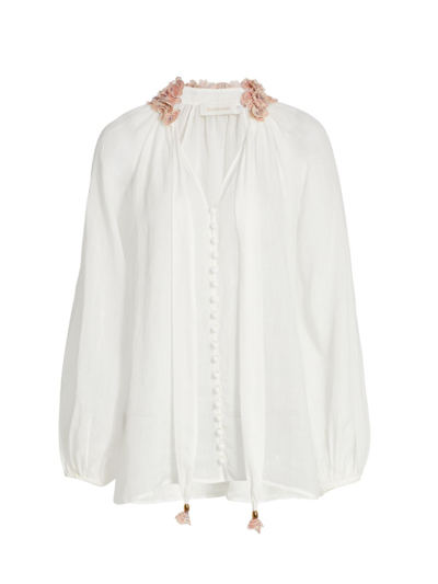 Shop Zimmermann Women's Lantern Silk-linen Blouse In Ivory