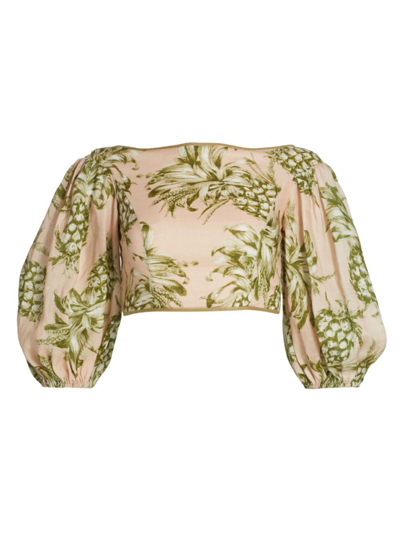 Shop Zimmermann Women's Empire Linen Puff-sleeve Top In Blush Khaki