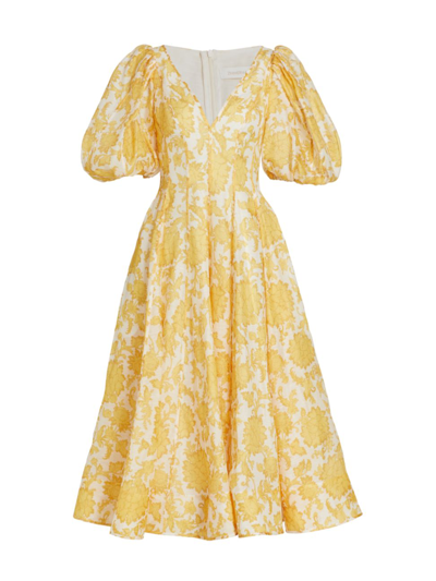 Shop Zimmermann Women's Puff-sleeve Midi Dress In Yellow Tonal Floral