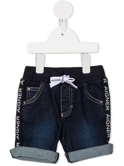 Shop Aigner Logo Tape Denim Shorts In Blue