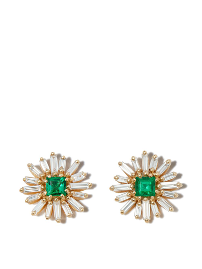 Shop Suzanne Kalan 18kt Yellow Gold Fireworks Diamond And Emerald Stud Earrings