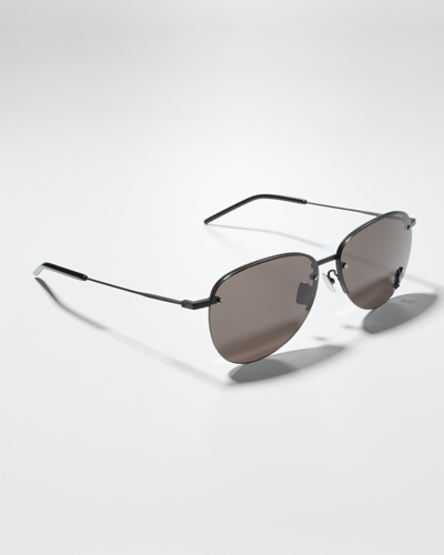 Shop Saint Laurent Ysl Semi-rimless Metal Aviator Sunglasses In 002 Shiny Silver
