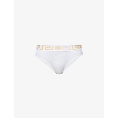 Shop Versace Greca-border Mid-rise Stretch-cotton Jersey Briefs In A1001 Optical White