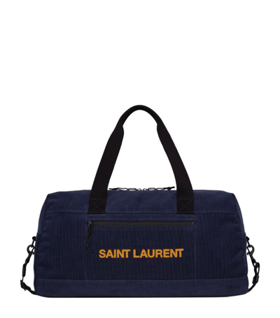 Shop Saint Laurent Corduroy Logo Duffle Bag In Blue