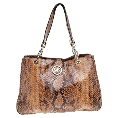 Pre-owned Michael Michael Kors Brown Python Embossed Leather Tote