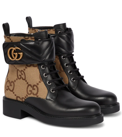 Shop Gucci Double G Leather-trimmed Lace-up Boots In Black/ca.ebony/nero