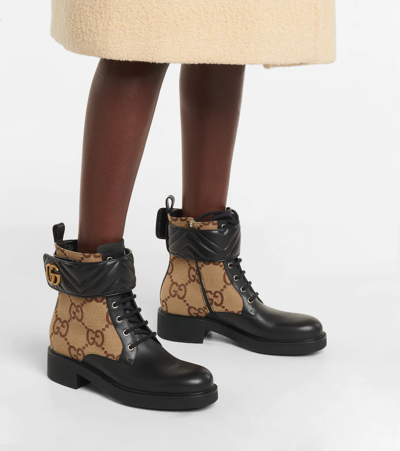 Shop Gucci Double G Leather-trimmed Lace-up Boots In Black/ca.ebony/nero