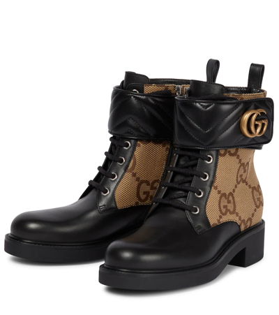 Shop Gucci Double G Leather-trimmed Lace-up Boots In Black/ca.ebony/nero