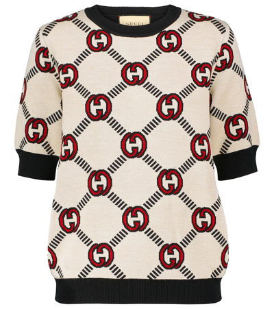 Shop Gucci Reversible Jacquard Wool Sweater In Almond/black/mc