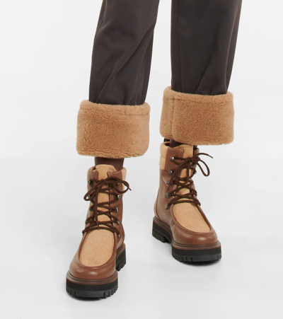 Shop Loro Piana Lomond Leather And Cashmere Combat Boots In Fossil Wood/acorn Melange