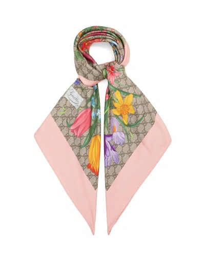 Gucci Gg Flora Print Silk Twill Scarf In Beige | ModeSens