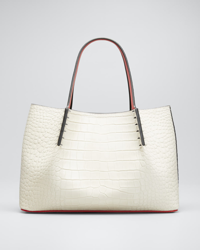 Shop Christian Louboutin Cabarock Small Mock-croc Spiked Shopper Tote Bag In Craie