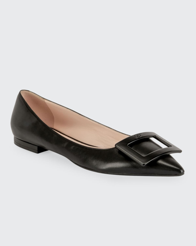 Shop Roger Vivier Gommettine Leather Ballet Flats With Tonal Buckle In Black