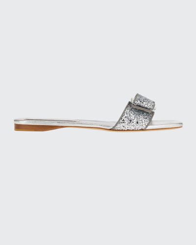 Shop Ferragamo Vicky Glitter Bow Slide Sandals In Argento 02