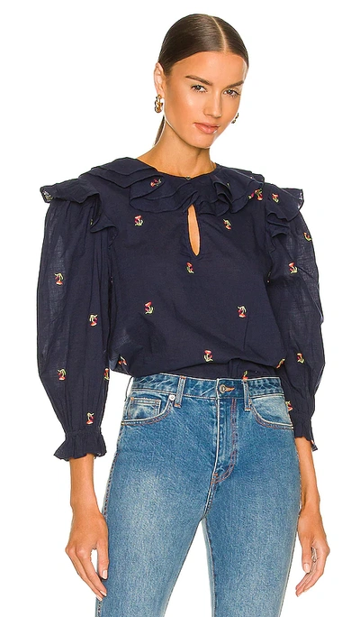 Shop Something Navy Embroidered Ruffle Top In Navy