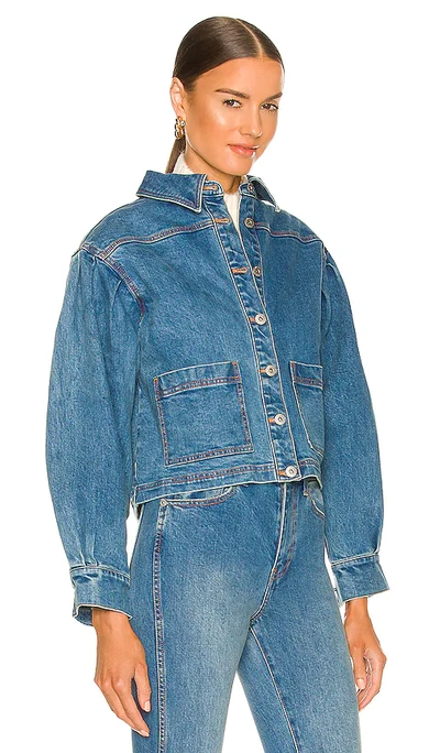 Shop Something Navy Puff Shoulder Denim Chore Jacket In 미듐 블루