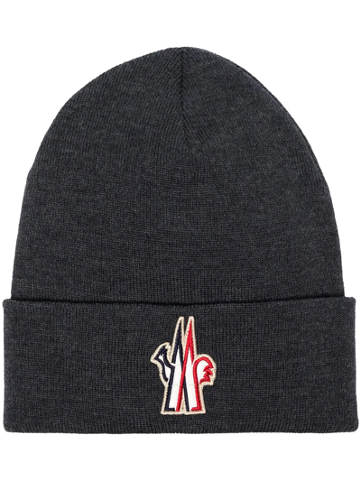 Shop Moncler Logo Patch Knitted Beanie In Grau