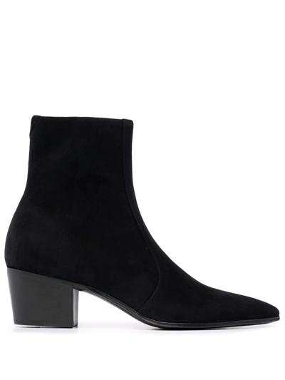 Saint Laurent Point-toe Suede Ankle Boots In Schwarz