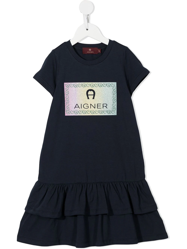 Aigner Kids logo-print ruffled dress - White