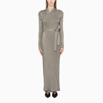 Shop Balenciaga Silver Lurex Ribbed Knit Wrap Maxi Dress In Metal