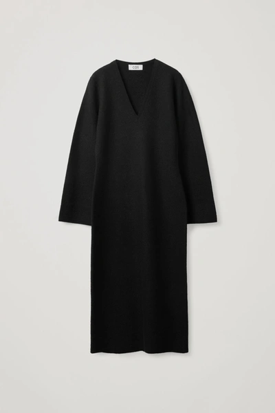 Shop Cos V-neck Wool Midi Dress In Black