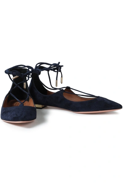 Shop Aquazzura Christy Suede Point-toe Flats In Midnight Blue