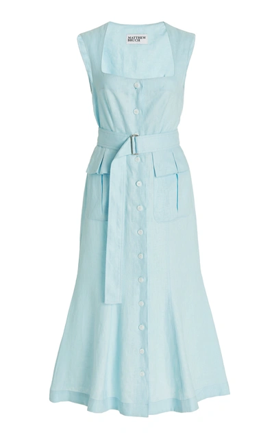 Shop Matthew Bruch Women's Belted Linen Midi Cargo Dress In Blue
