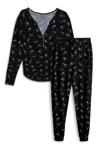 Shop Aqs Printed Top & Pants 2-piece Pajama Set In Black