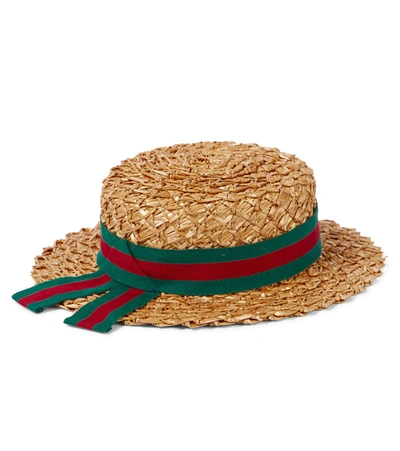 Gucci Kids' Baby Straw Effect Hat With Ribbon In Marrone | ModeSens