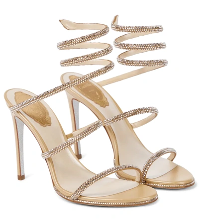 Shop René Caovilla Cleo Embellished Leather Sandals In Beige Satin/ C Golden Shadow S